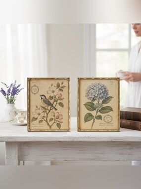 Vintage Pair 8x10 Ornate Gold MOP Frames w Botanical Prints